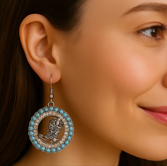 2/$40 NEW Turquoise and Silver Western Boot Earrings-(#0165) - Picture 1 of 3